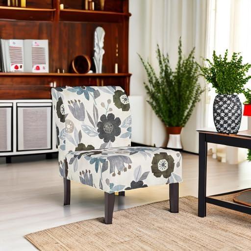 imageSignature Design by Ashley Triptis Floral Armless Accent Chair with Attached Cushions Fabric Upholstery Wood Legs 1663quot Seat Height White Blue ampamp GrayWhite Floral
