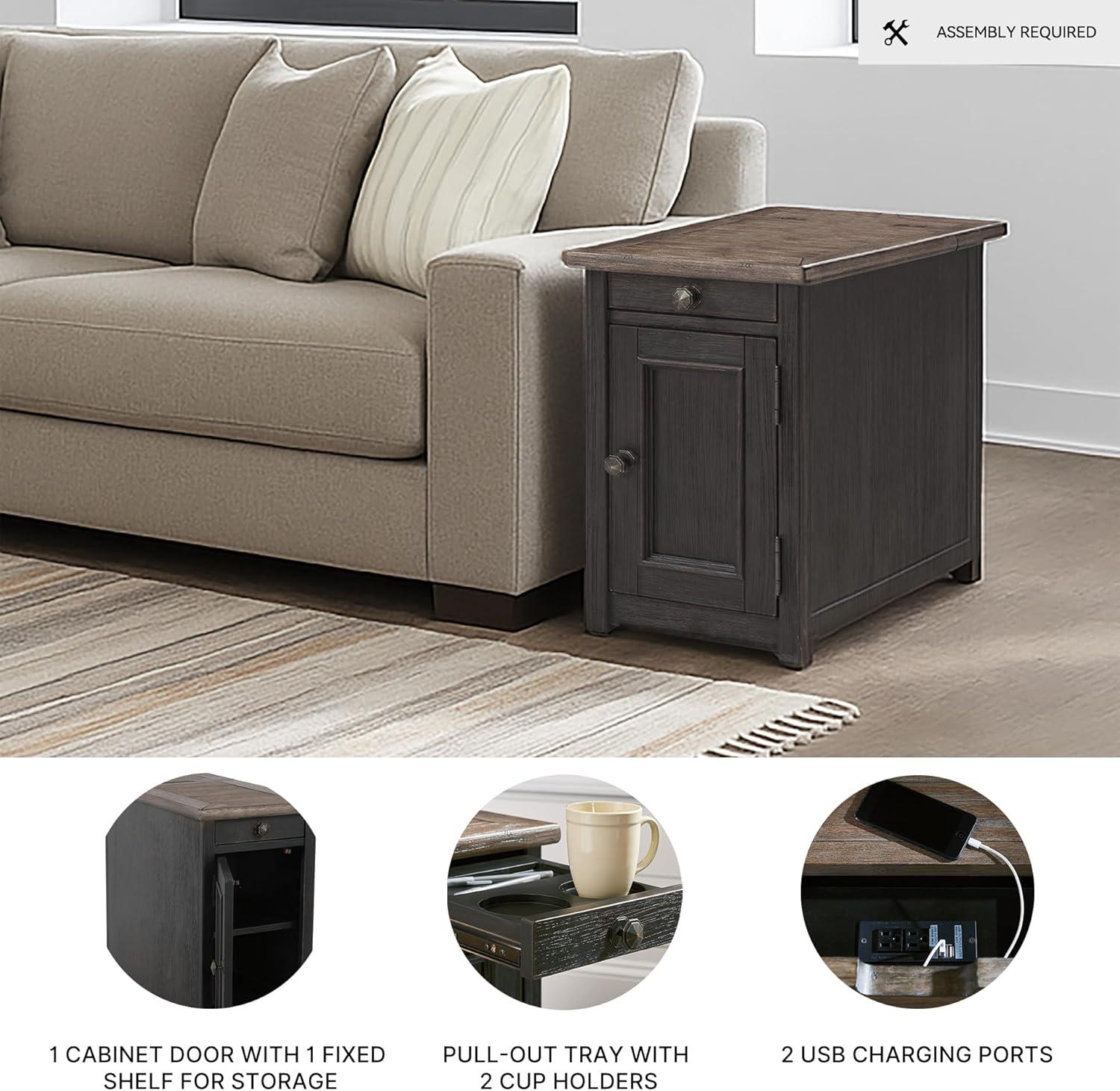 imageSignature Design by Ashley Tyler Creek Rustic Chair Side End Table with PullOut Tray ampamp USB Ports BrownBlackish Brown