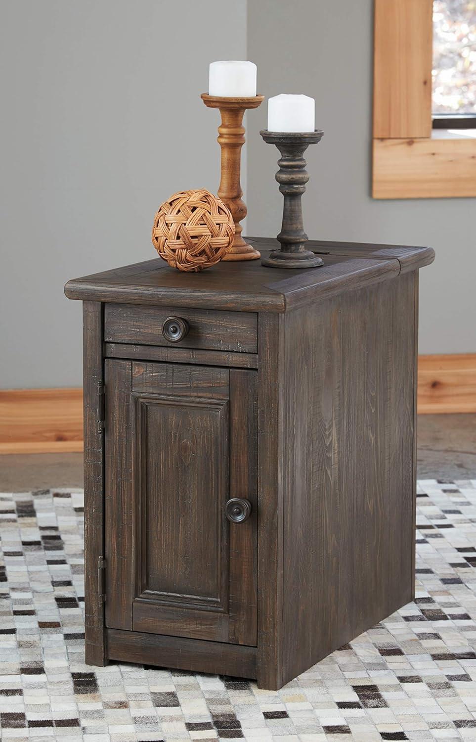 imageSignature Design by Ashley Tyler Creek Rustic Chair Side End Table with PullOut Tray ampamp USB Ports BrownBrown
