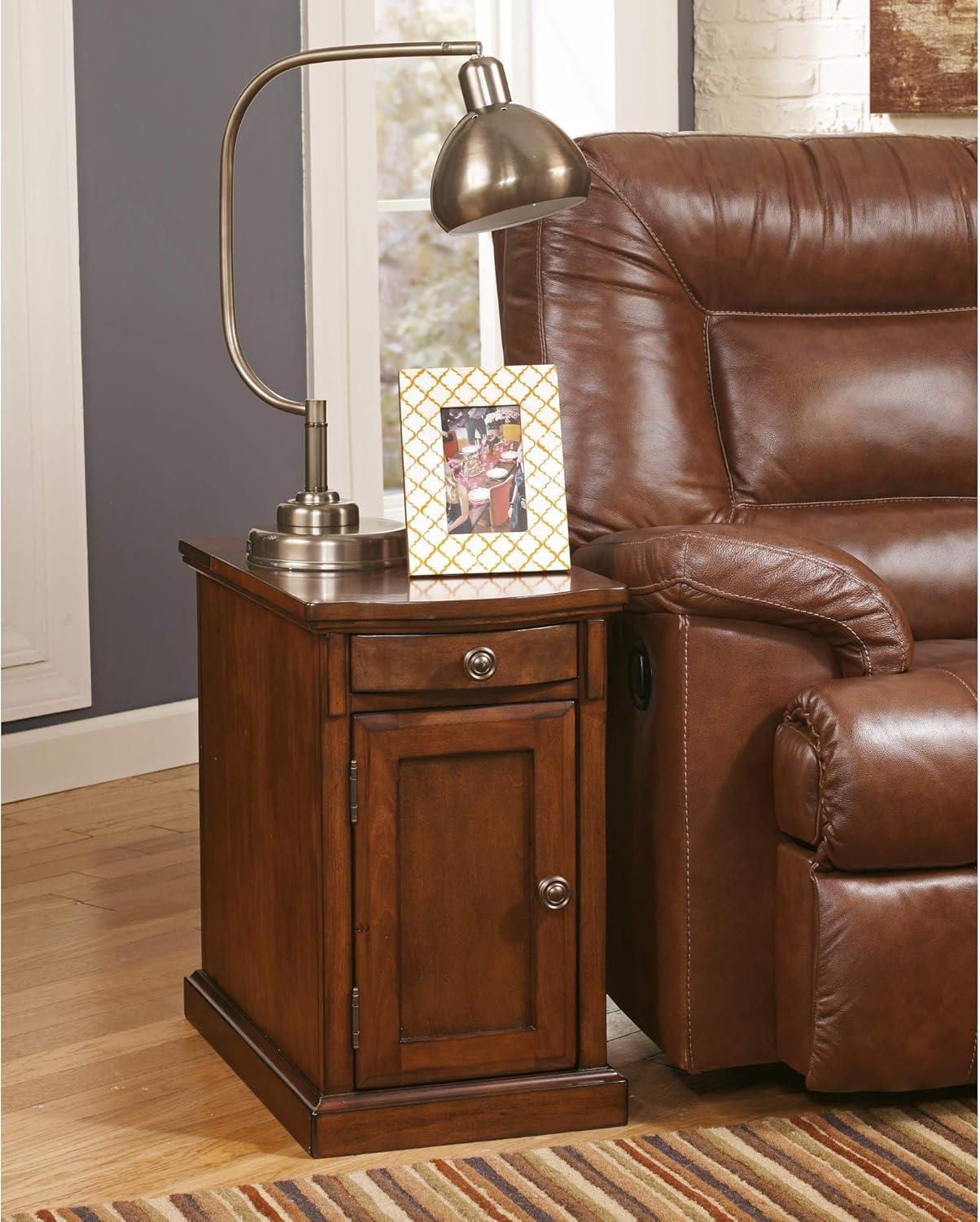 imageSignature Design by Ashley Tyler Creek Rustic Chair Side End Table with PullOut Tray ampamp USB Ports BrownMedium Brown