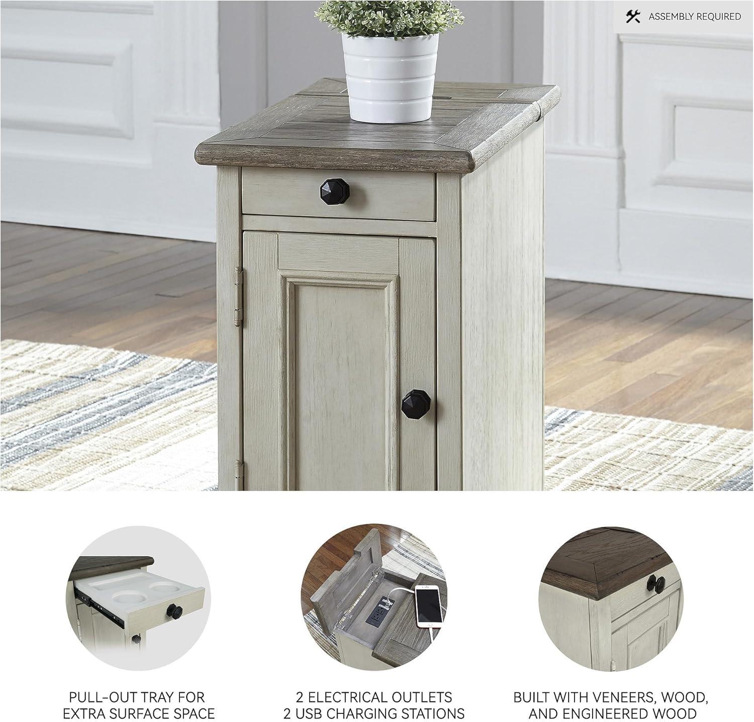 imageSignature Design by Ashley Tyler Creek Rustic Chair Side End Table with PullOut Tray ampamp USB Ports BrownWhitewash
