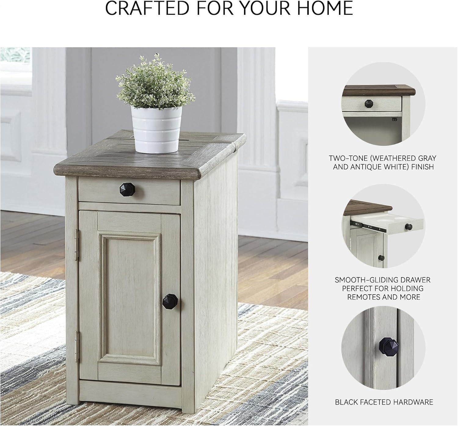 imageSignature Design by Ashley Tyler Creek Rustic Chair Side End Table with PullOut Tray ampamp USB Ports BrownWhitewash