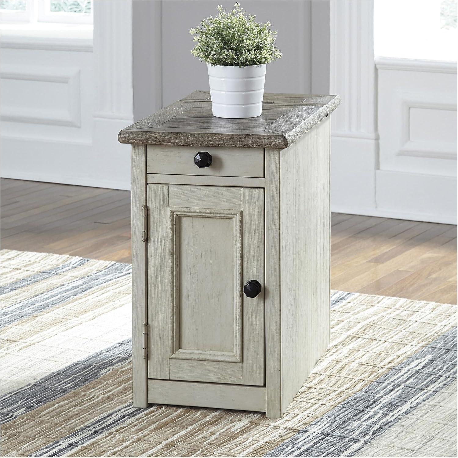imageSignature Design by Ashley Tyler Creek Rustic Chair Side End Table with PullOut Tray ampamp USB Ports BrownWhitewash