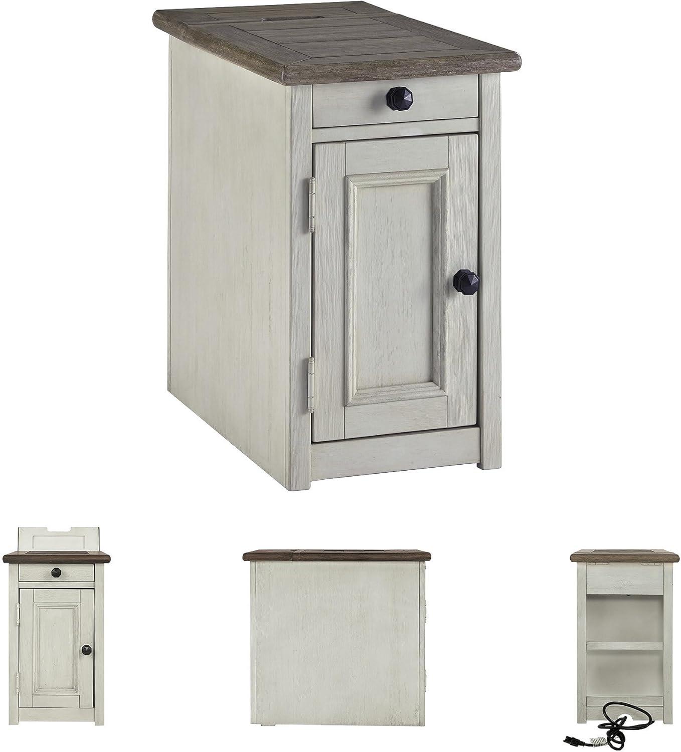 imageSignature Design by Ashley Tyler Creek Rustic Chair Side End Table with PullOut Tray ampamp USB Ports BrownWhitewash