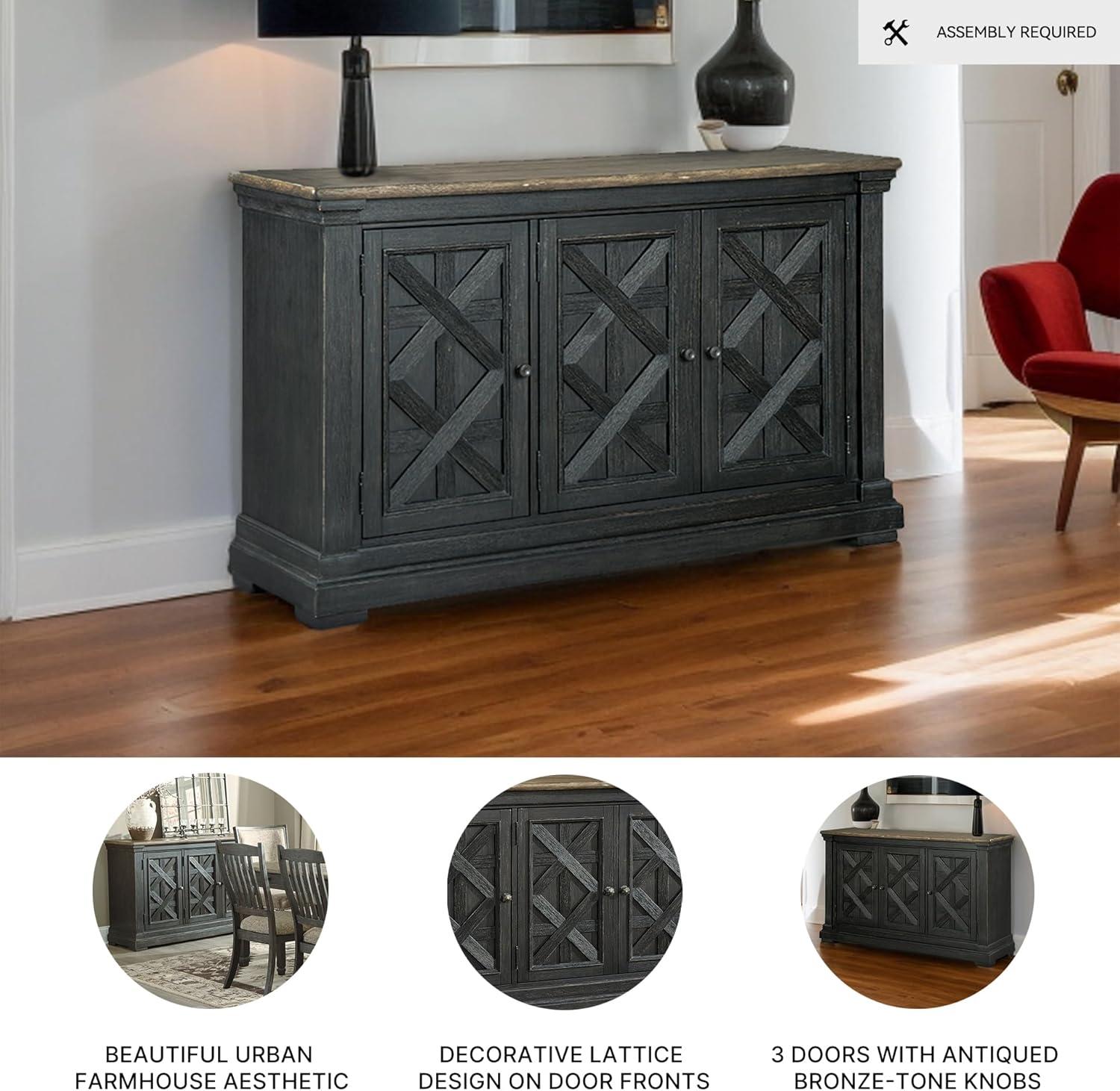 imageSignature Design by Ashley Tyler Creek Vintage Casual Dining Room Buffet Cabinet or Server with 3 Doors and Lattice Design Wood 36quot High Black ampamp Gray
