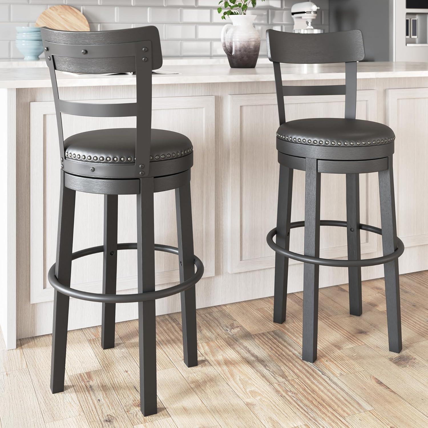 imageSignature Design by Ashley Valebeck Casual Upholstered Swivel Stool Round Metal Footrest Nailhead Trim Detail Wood 24quot White ampamp BlackBlack