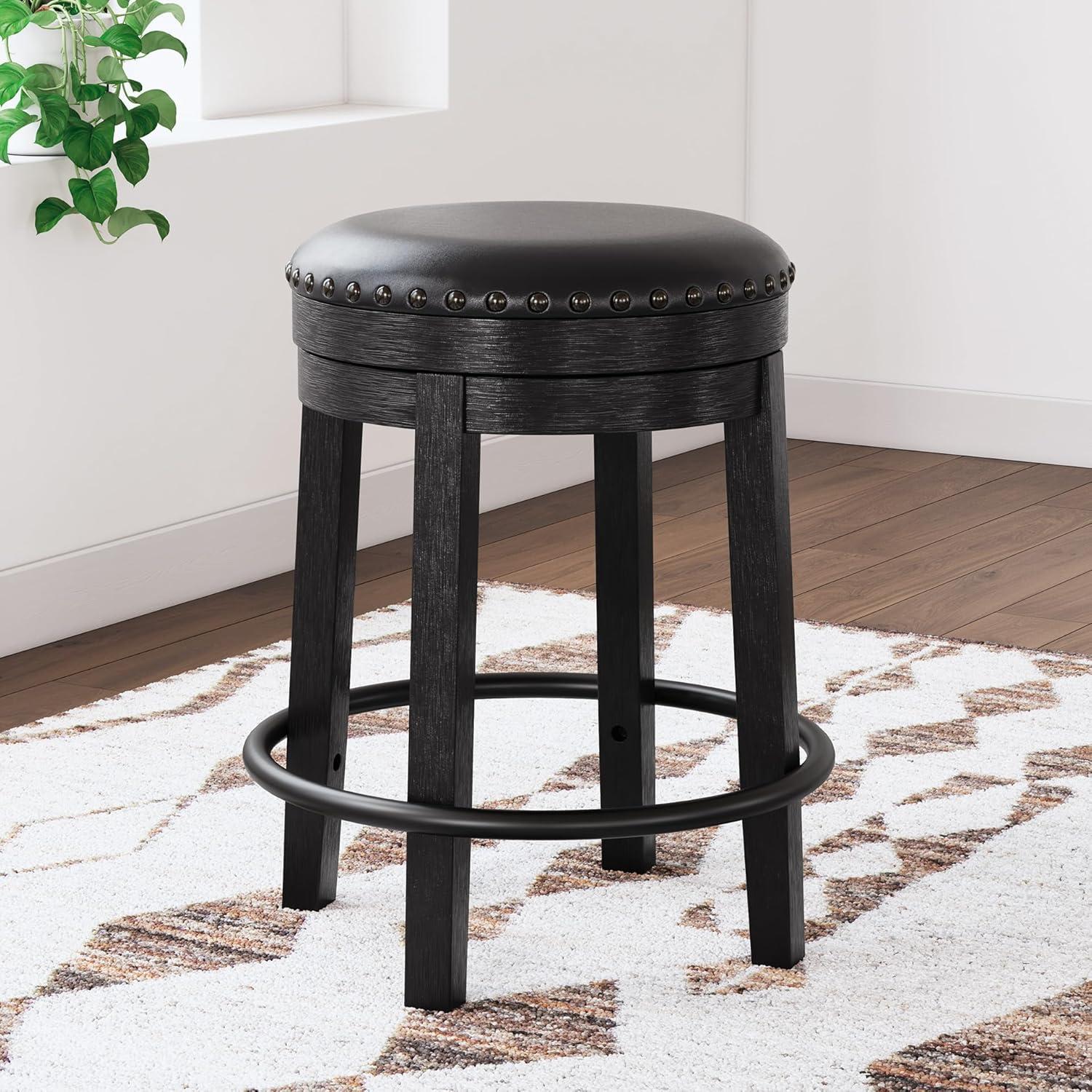 imageSignature Design by Ashley Valebeck Casual Upholstered Swivel Stool Round Metal Footrest Nailhead Trim Detail Wood 24quot White ampamp BlackBlack