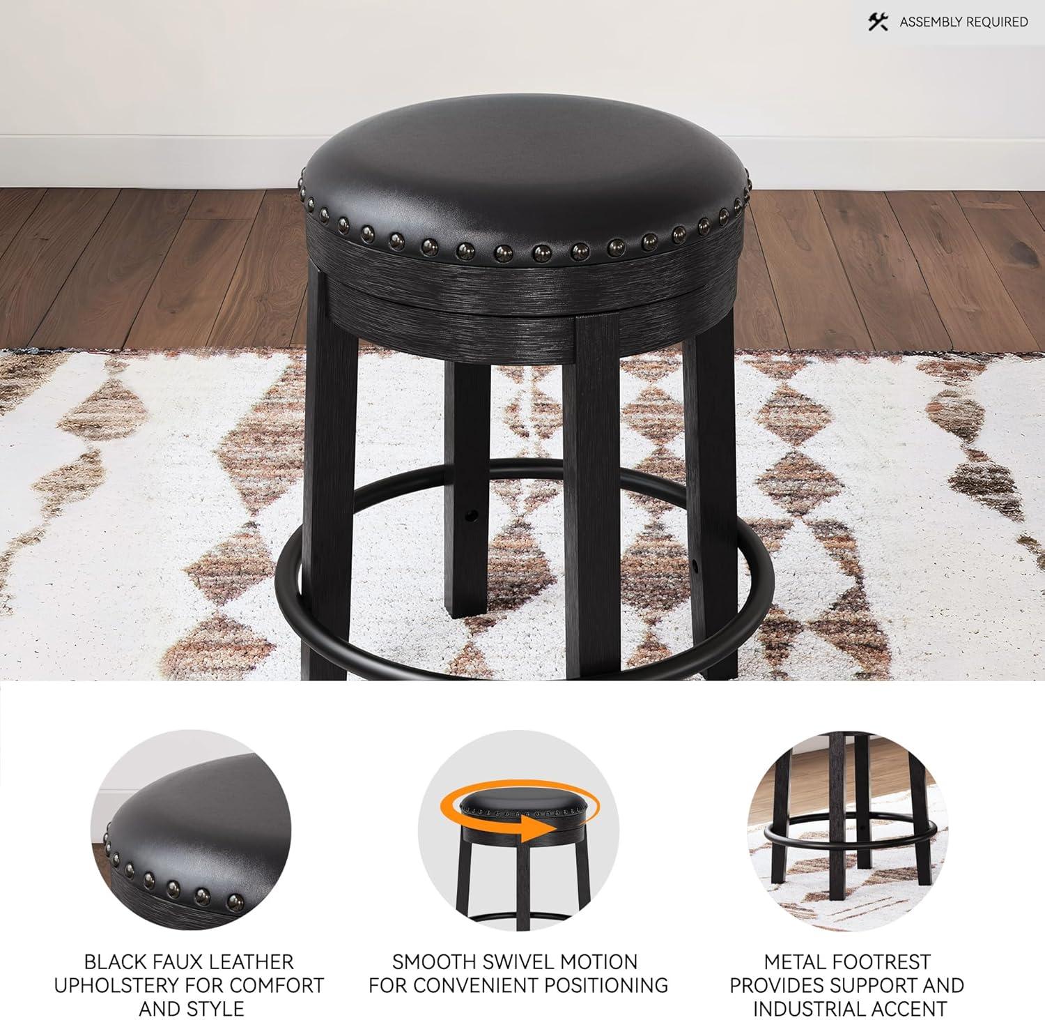 imageSignature Design by Ashley Valebeck Casual Upholstered Swivel Stool Round Metal Footrest Nailhead Trim Detail Wood 24quot White ampamp BlackBlack
