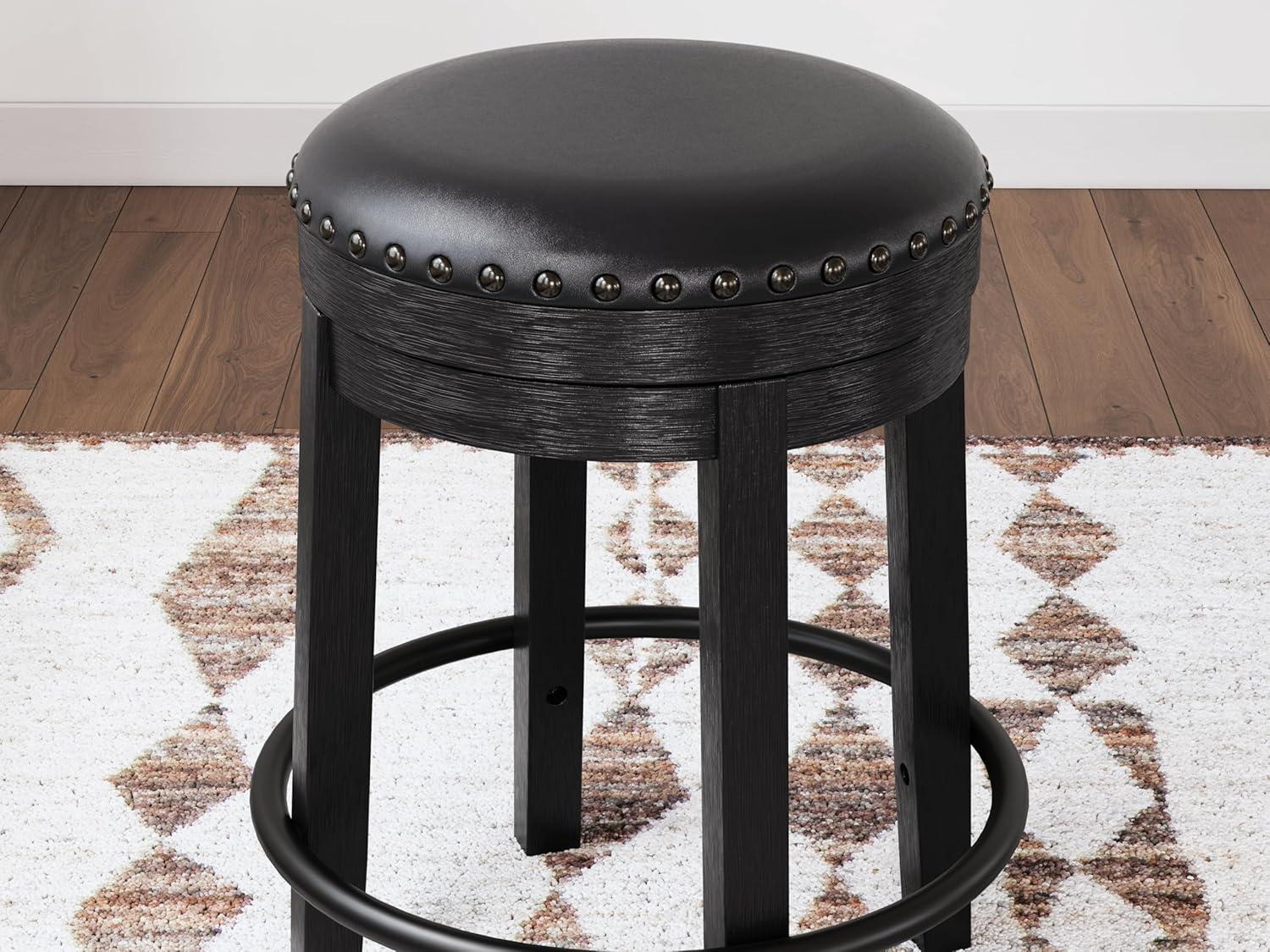 imageSignature Design by Ashley Valebeck Casual Upholstered Swivel Stool Round Metal Footrest Nailhead Trim Detail Wood 24quot White ampamp BlackBlack