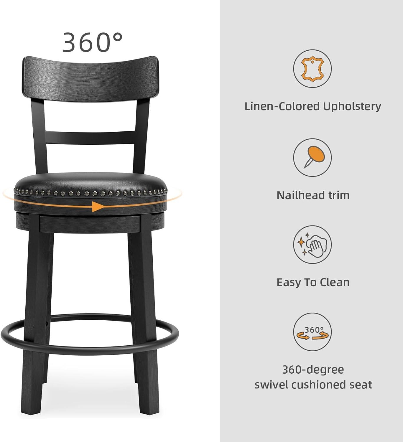 imageSignature Design by Ashley Valebeck Casual Upholstered Swivel Stool Round Metal Footrest Nailhead Trim Detail Wood 24quot White ampamp BlackBlack