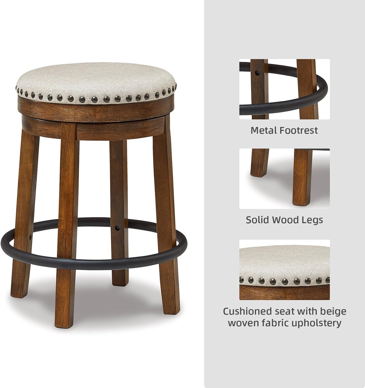 imageSignature Design by Ashley Valebeck Casual Upholstered Swivel Stool Round Metal Footrest Nailhead Trim Detail Wood 24quot White ampamp BlackDark Brown