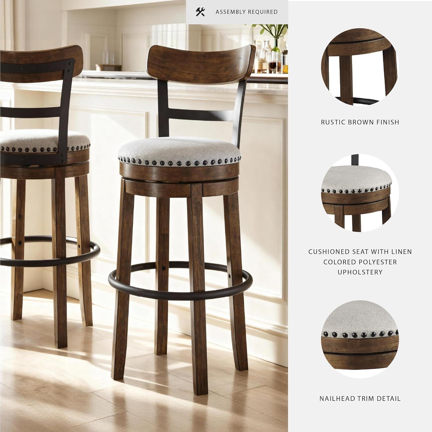 imageSignature Design by Ashley Valebeck Casual Upholstered Swivel Stool Round Metal Footrest Nailhead Trim Detail Wood 24quot White ampamp BlackDark Brown