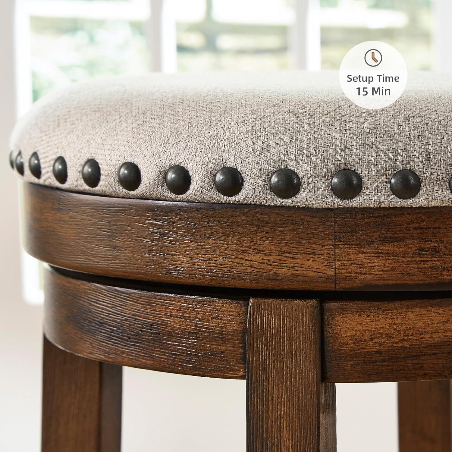 imageSignature Design by Ashley Valebeck Casual Upholstered Swivel Stool Round Metal Footrest Nailhead Trim Detail Wood 24quot White ampamp BlackDark Brown