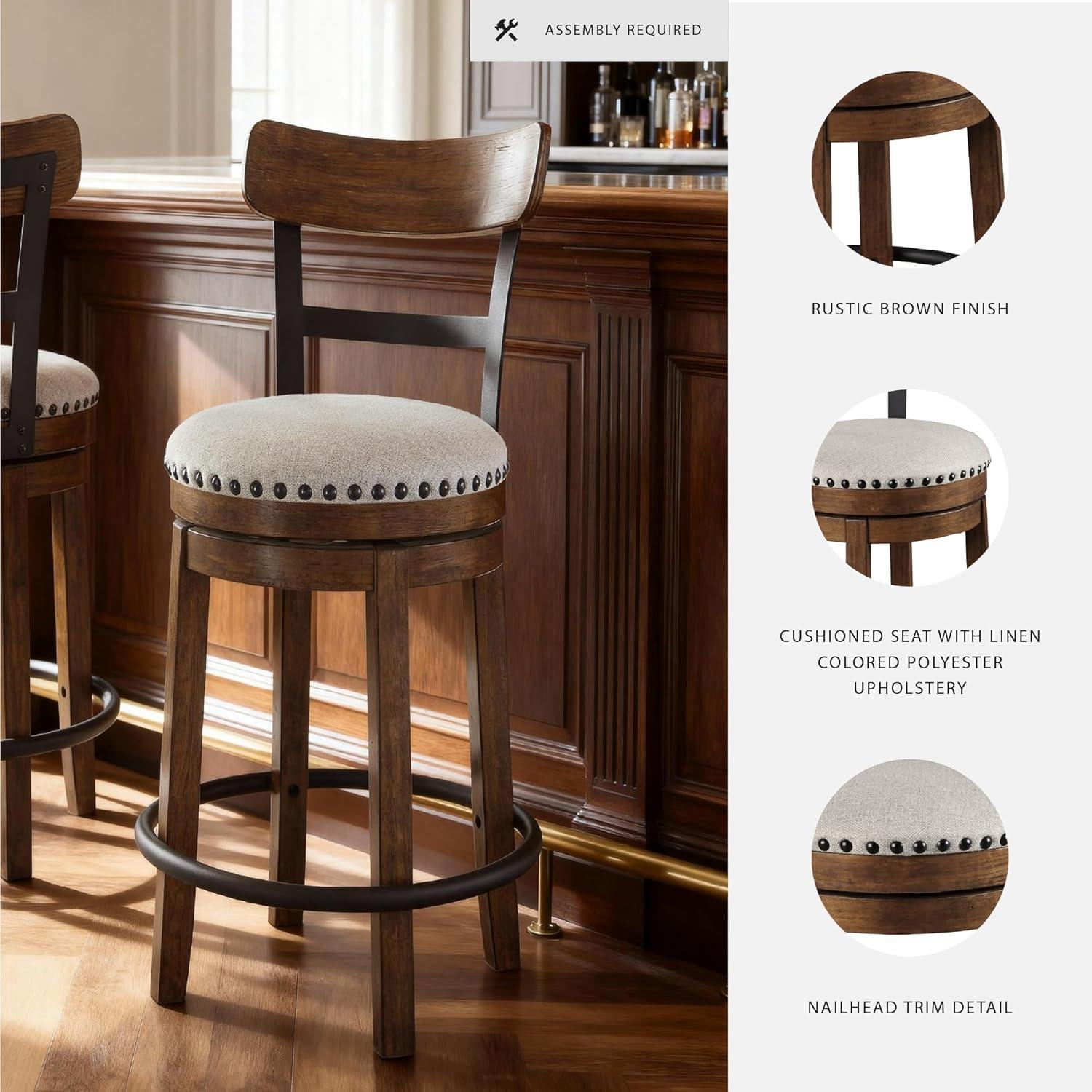 imageSignature Design by Ashley Valebeck Casual Upholstered Swivel Stool Round Metal Footrest Nailhead Trim Detail Wood 24quot White ampamp BlackDark Brown