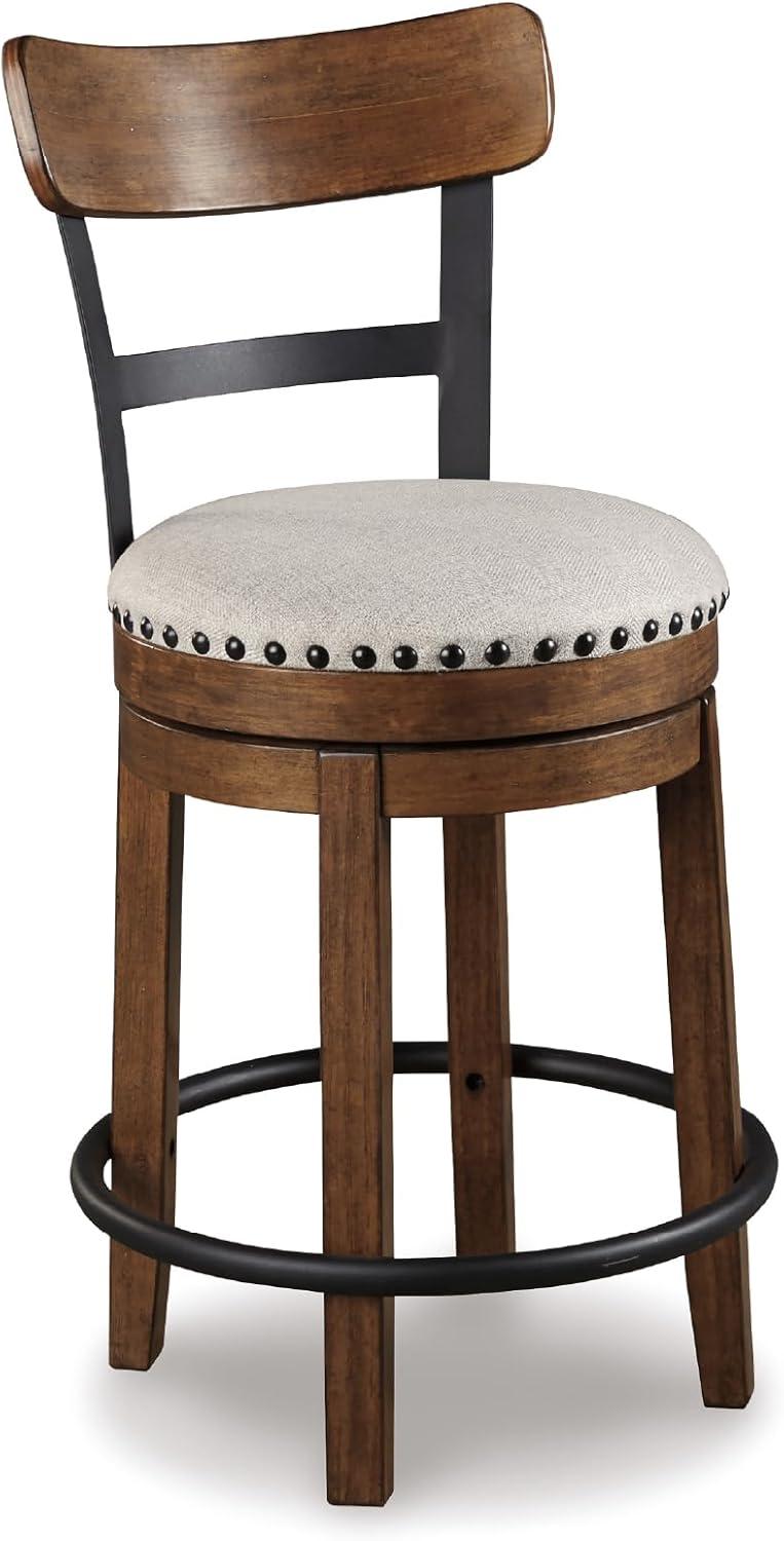 imageSignature Design by Ashley Valebeck Casual Upholstered Swivel Stool Round Metal Footrest Nailhead Trim Detail Wood 24quot White ampamp BlackDark Brown