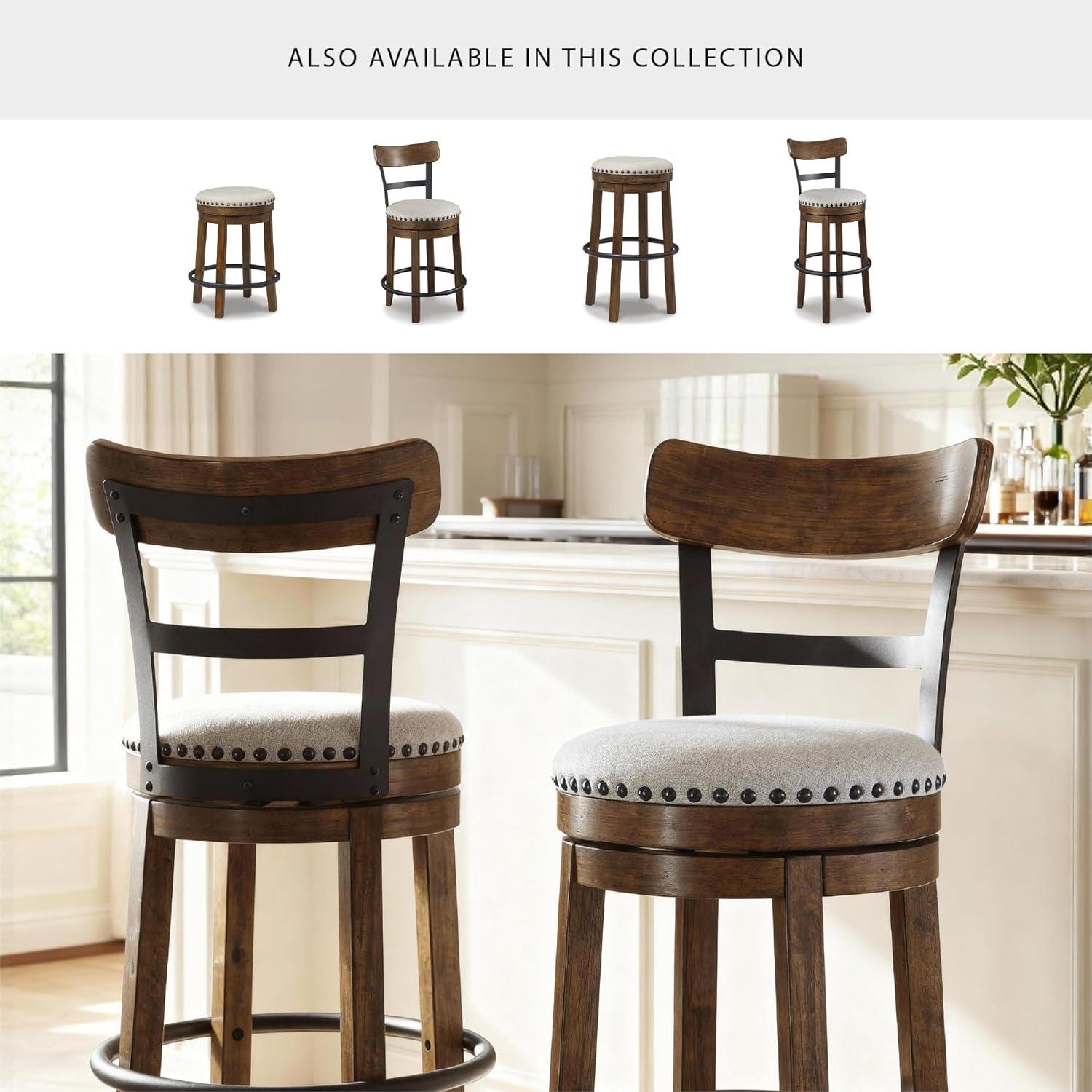 imageSignature Design by Ashley Valebeck Casual Upholstered Swivel Stool Round Metal Footrest Nailhead Trim Detail Wood 24quot White ampamp BlackDark Brown