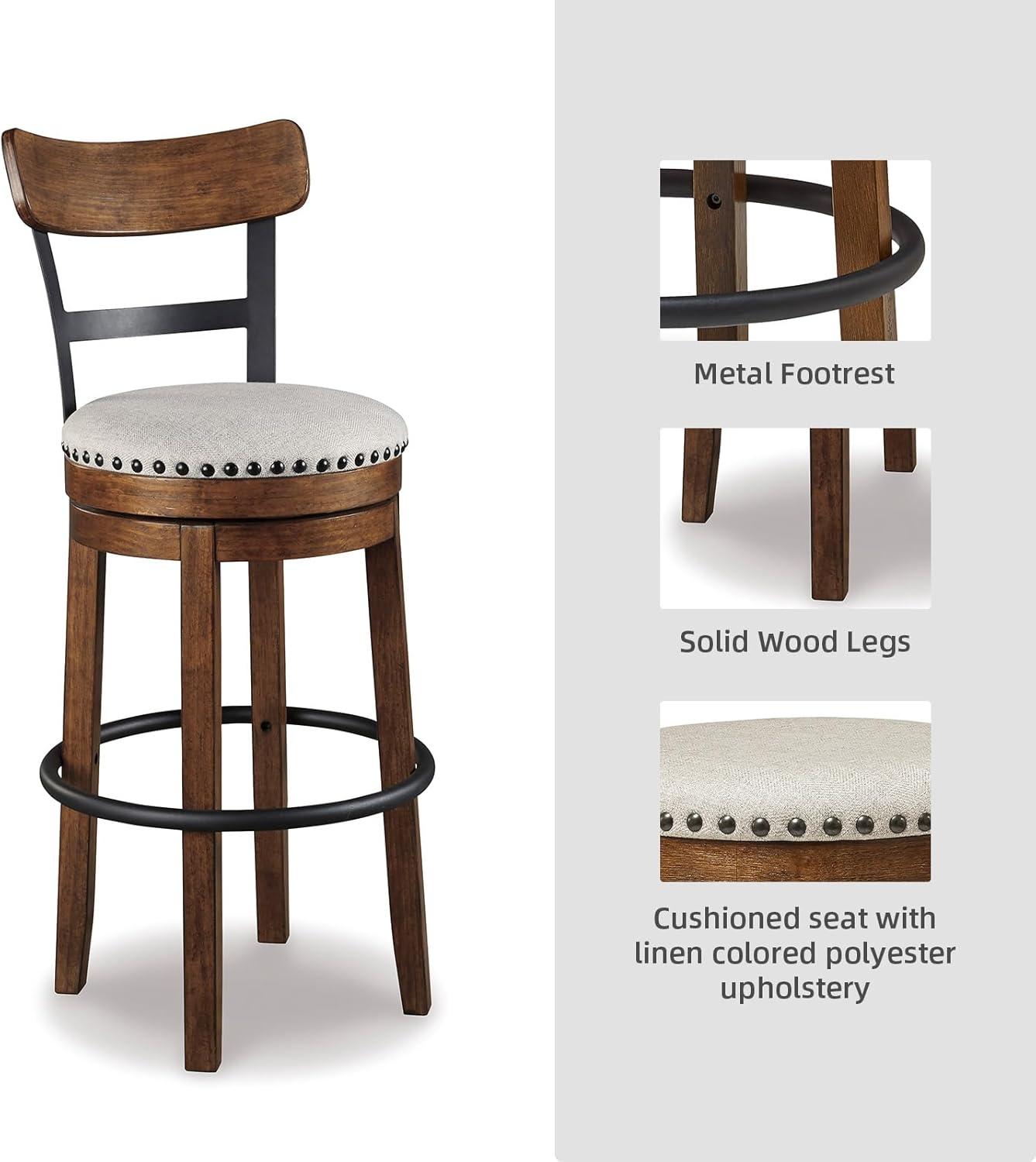 imageSignature Design by Ashley Valebeck Casual Upholstered Swivel Stool Round Metal Footrest Nailhead Trim Detail Wood 24quot White ampamp BlackDark Brown