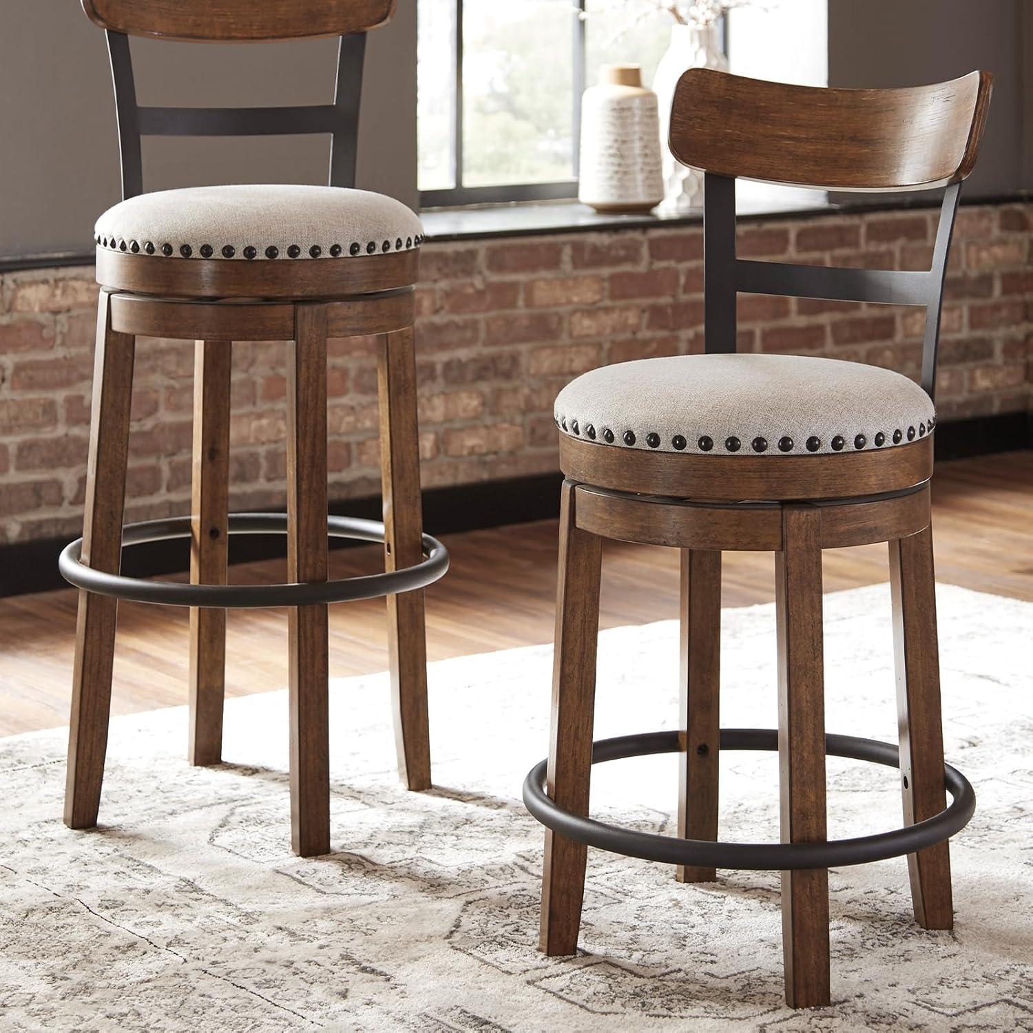 imageSignature Design by Ashley Valebeck Casual Upholstered Swivel Stool Round Metal Footrest Nailhead Trim Detail Wood 24quot White ampamp BlackDark Brown