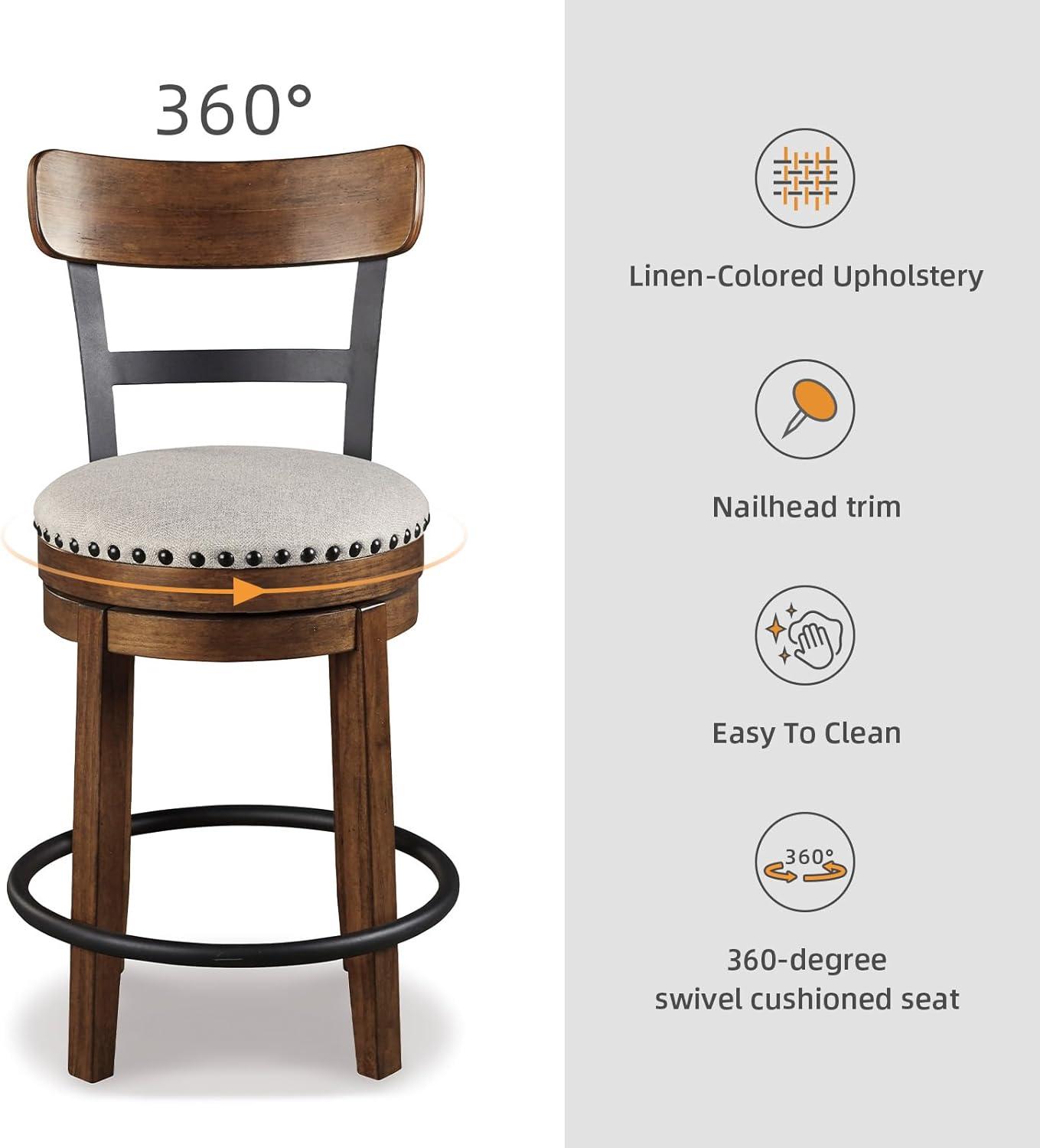 imageSignature Design by Ashley Valebeck Casual Upholstered Swivel Stool Round Metal Footrest Nailhead Trim Detail Wood 24quot White ampamp BlackDark Brown