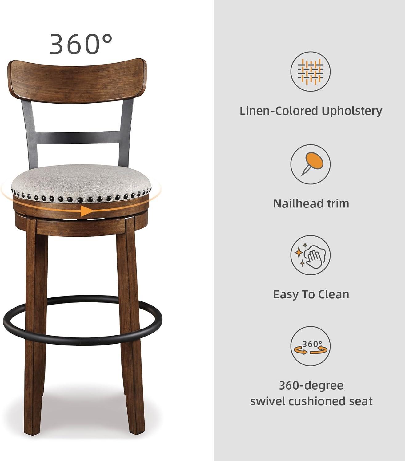 imageSignature Design by Ashley Valebeck Casual Upholstered Swivel Stool Round Metal Footrest Nailhead Trim Detail Wood 24quot White ampamp BlackDark Brown