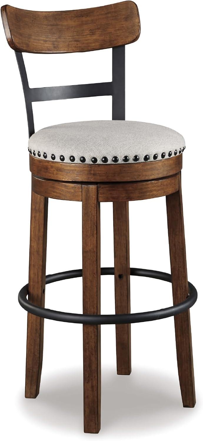 imageSignature Design by Ashley Valebeck Casual Upholstered Swivel Stool Round Metal Footrest Nailhead Trim Detail Wood 24quot White ampamp BlackDark Brown