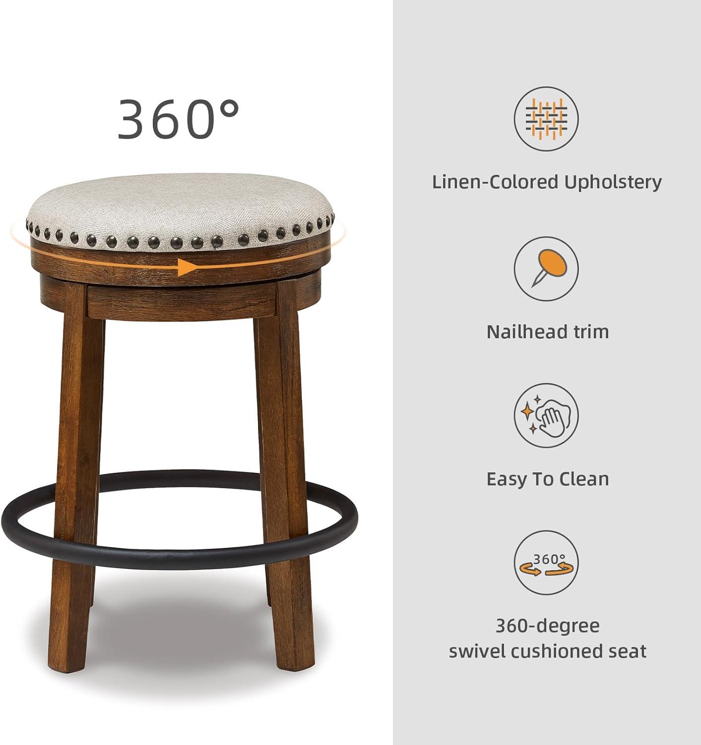 imageSignature Design by Ashley Valebeck Casual Upholstered Swivel Stool Round Metal Footrest Nailhead Trim Detail Wood 24quot White ampamp BlackDark Brown