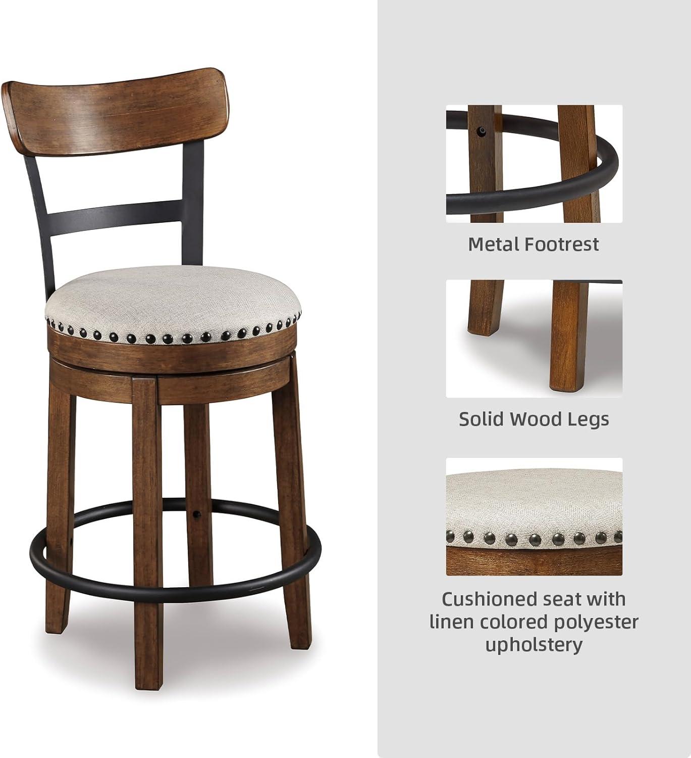 imageSignature Design by Ashley Valebeck Casual Upholstered Swivel Stool Round Metal Footrest Nailhead Trim Detail Wood 24quot White ampamp BlackDark Brown
