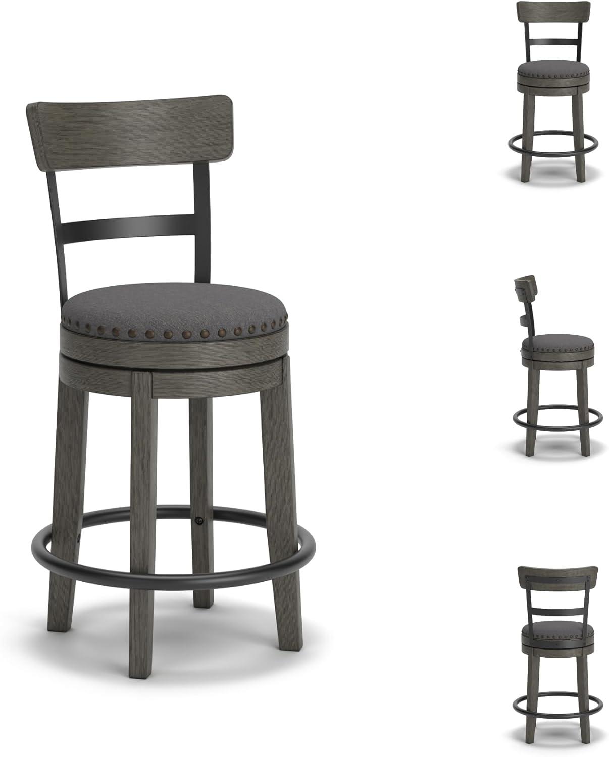 imageSignature Design by Ashley Valebeck Casual Upholstered Swivel Stool Round Metal Footrest Nailhead Trim Detail Wood 24quot White ampamp BlackDark Gray