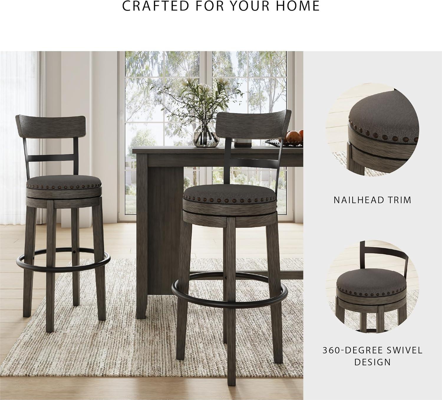 imageSignature Design by Ashley Valebeck Casual Upholstered Swivel Stool Round Metal Footrest Nailhead Trim Detail Wood 24quot White ampamp BlackDark Gray