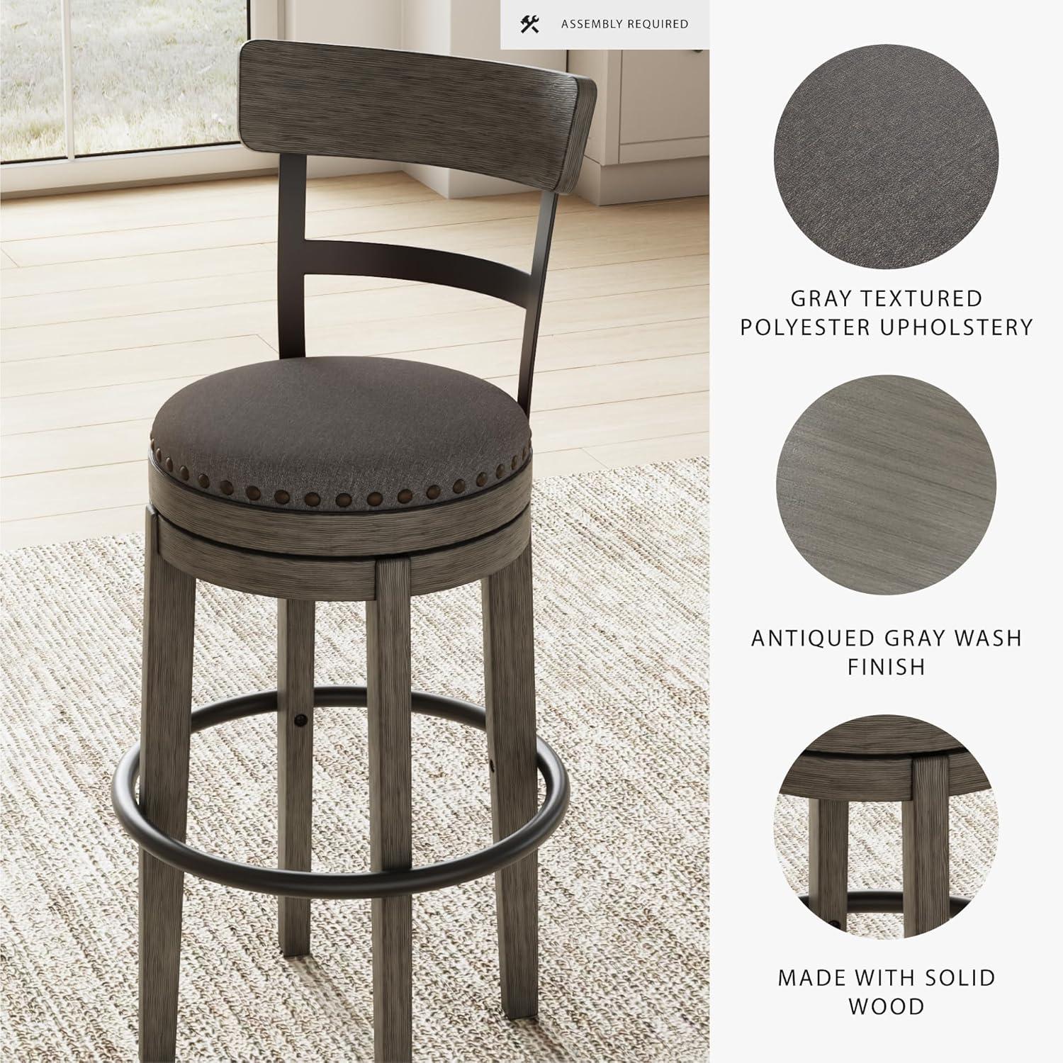 imageSignature Design by Ashley Valebeck Casual Upholstered Swivel Stool Round Metal Footrest Nailhead Trim Detail Wood 24quot White ampamp BlackDark Gray