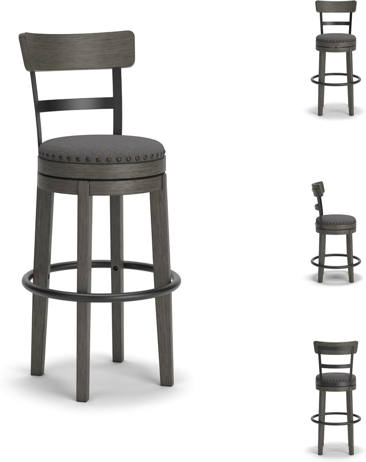 imageSignature Design by Ashley Valebeck Casual Upholstered Swivel Stool Round Metal Footrest Nailhead Trim Detail Wood 24quot White ampamp BlackDark Gray