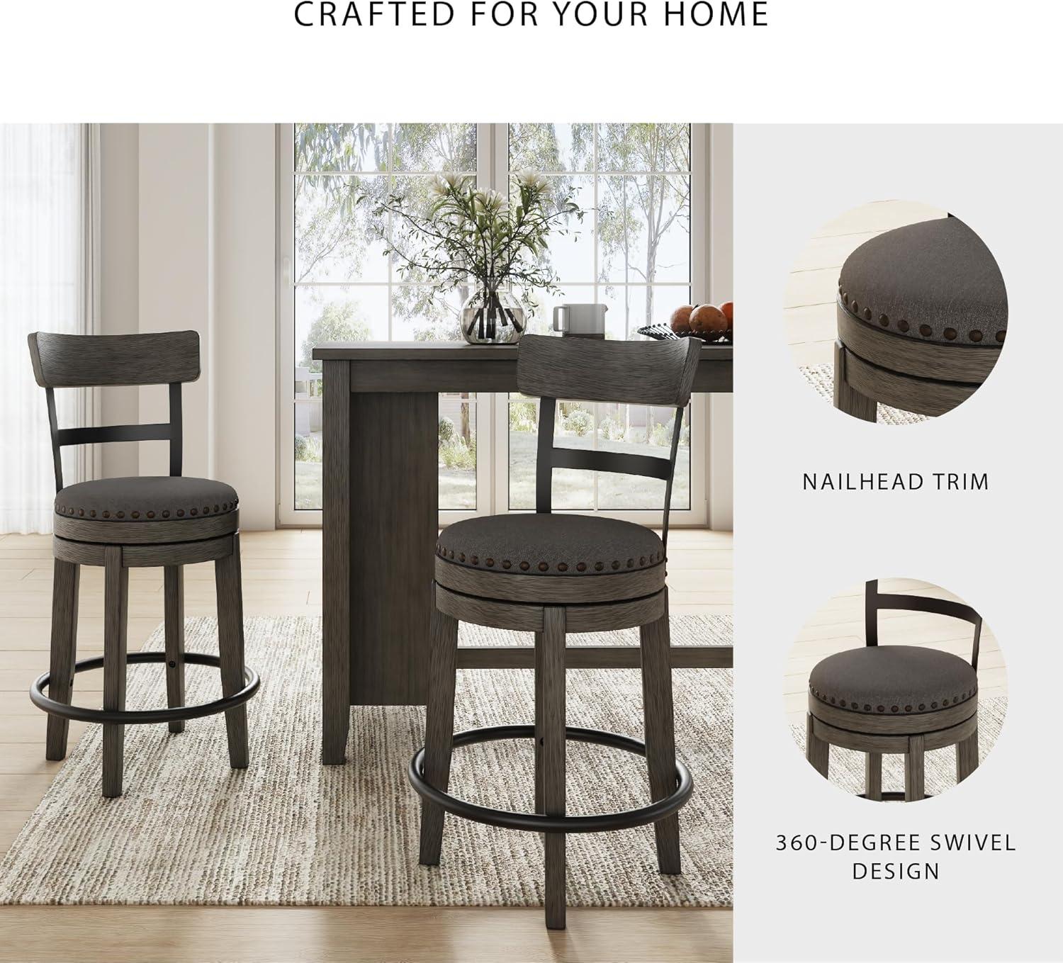 imageSignature Design by Ashley Valebeck Casual Upholstered Swivel Stool Round Metal Footrest Nailhead Trim Detail Wood 24quot White ampamp BlackDark Gray