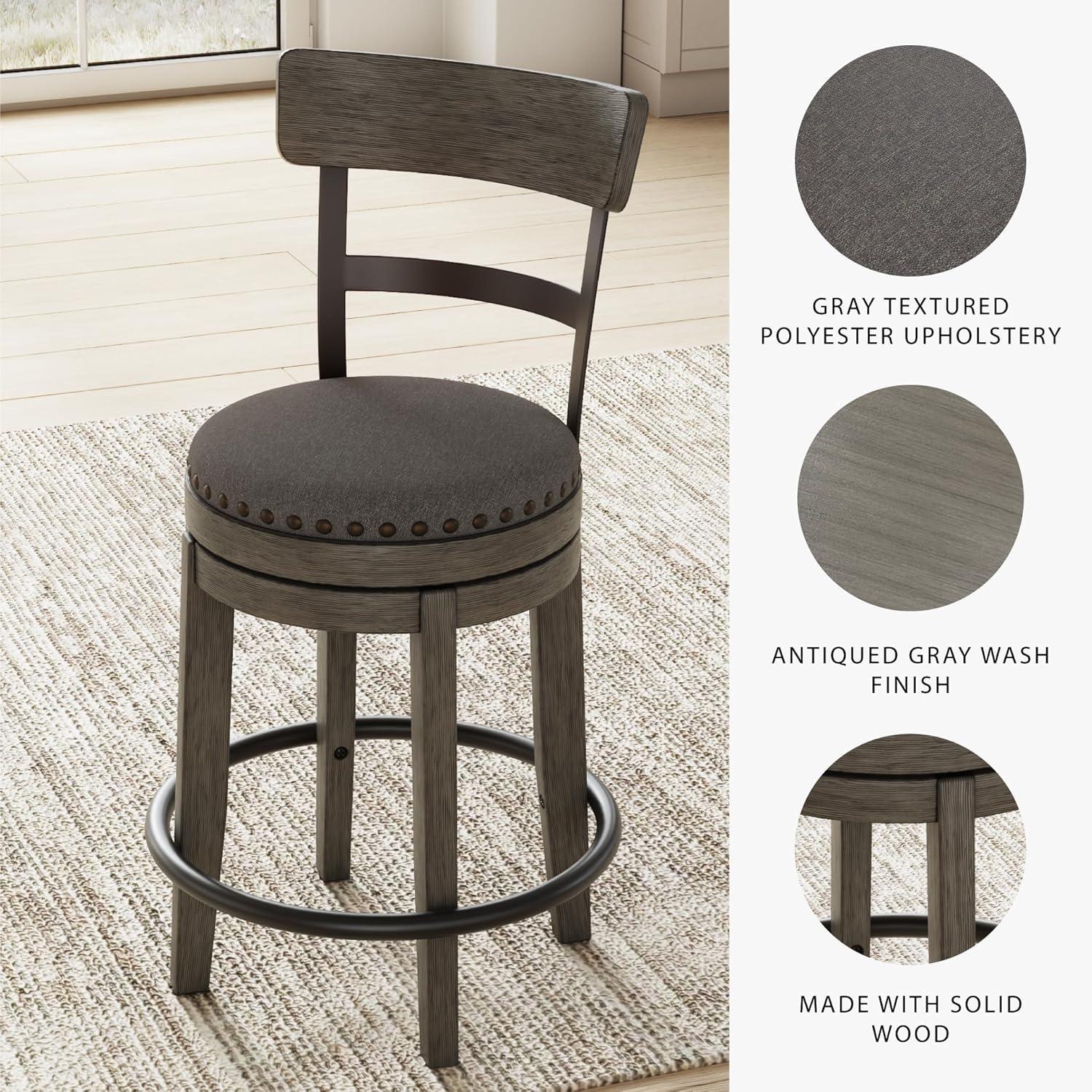 imageSignature Design by Ashley Valebeck Casual Upholstered Swivel Stool Round Metal Footrest Nailhead Trim Detail Wood 24quot White ampamp BlackDark Gray