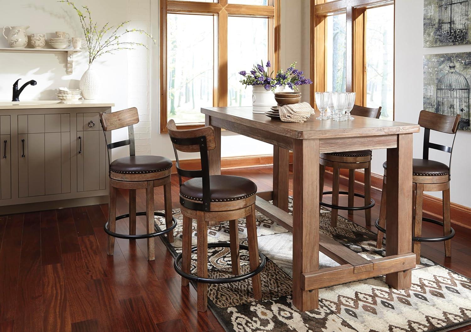 imageSignature Design by Ashley Valebeck Casual Upholstered Swivel Stool Round Metal Footrest Nailhead Trim Detail Wood 24quot White ampamp BlackLight Brown