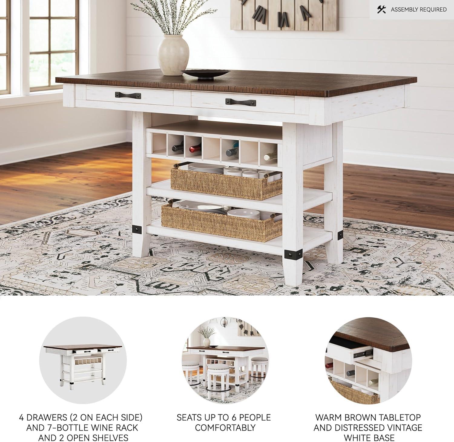 imageSignature Design by Ashley Valebeck Rectangular Dining Room Table 4 Drawers 2 Open Shelves Wine Rack Wood 60quot W x 40quot D x 3613quot H White ampamp Brown