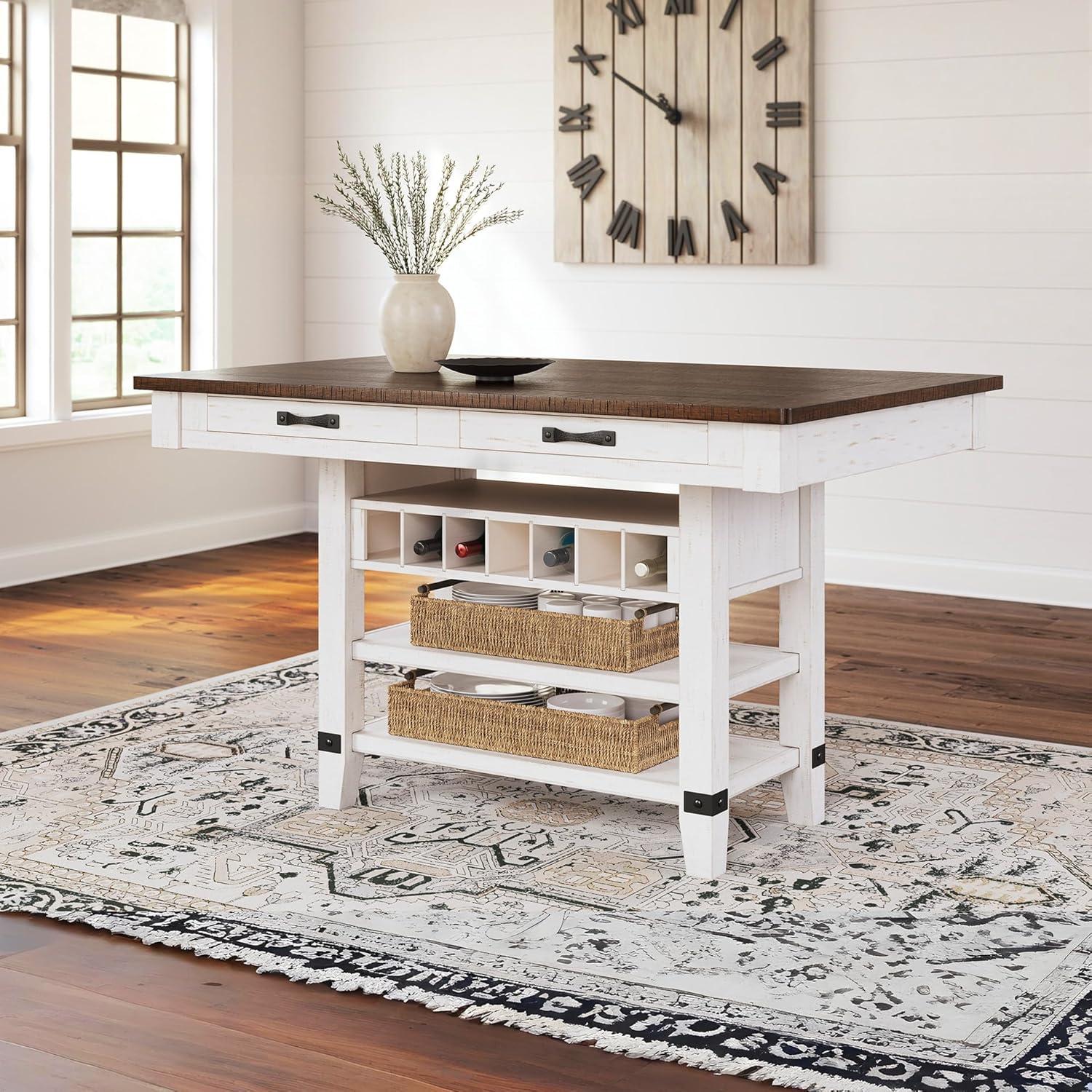 imageSignature Design by Ashley Valebeck Rectangular Dining Room Table 4 Drawers 2 Open Shelves Wine Rack Wood 60quot W x 40quot D x 3613quot H White ampamp Brown
