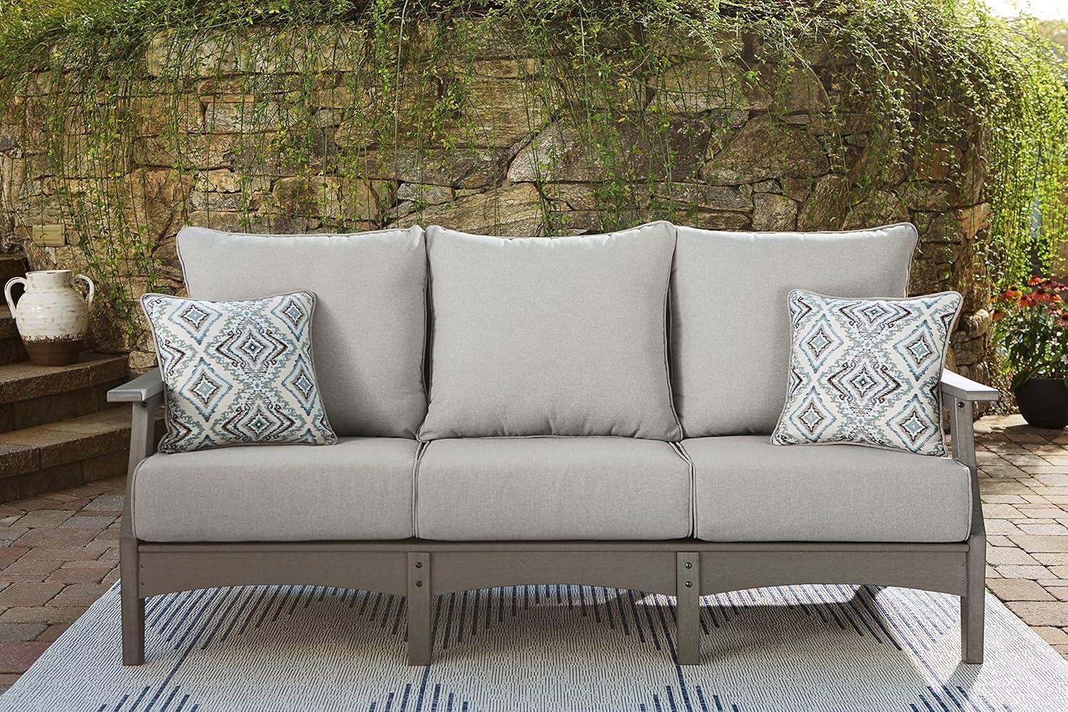 imageSignature Design by Ashley Visola Outdoor Patio Sofa with AllWeather Cushion and 2 Throw Pillows Cleanable Performance Fabric 1988quot Seat Height Gray