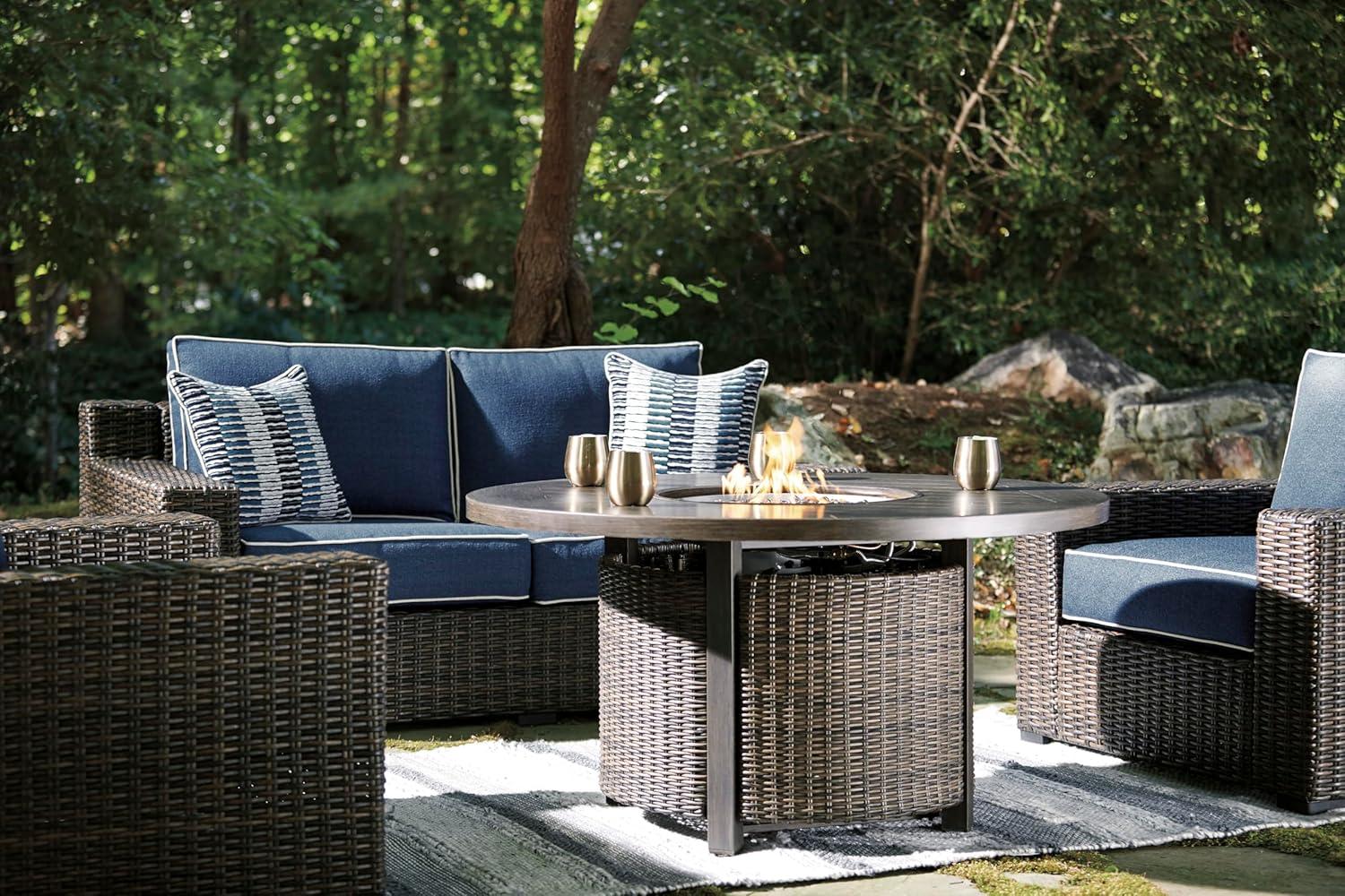 imageSignature Design by Ashley Walton Bridge Casual Outdoor Bar Table with Fire Pit and Storage Light BrownDark Brown