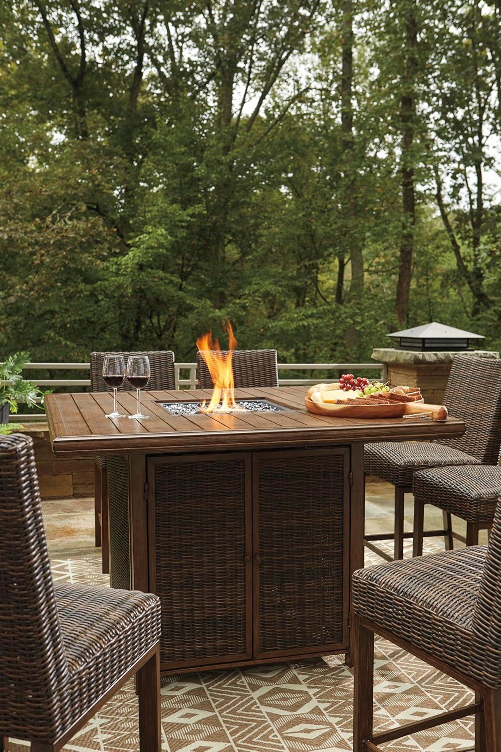 imageSignature Design by Ashley Walton Bridge Casual Outdoor Bar Table with Fire Pit and Storage Light BrownDark Brown