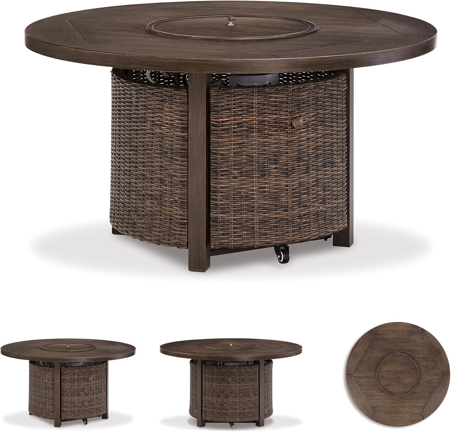 imageSignature Design by Ashley Walton Bridge Casual Outdoor Bar Table with Fire Pit and Storage Light BrownDark Brown