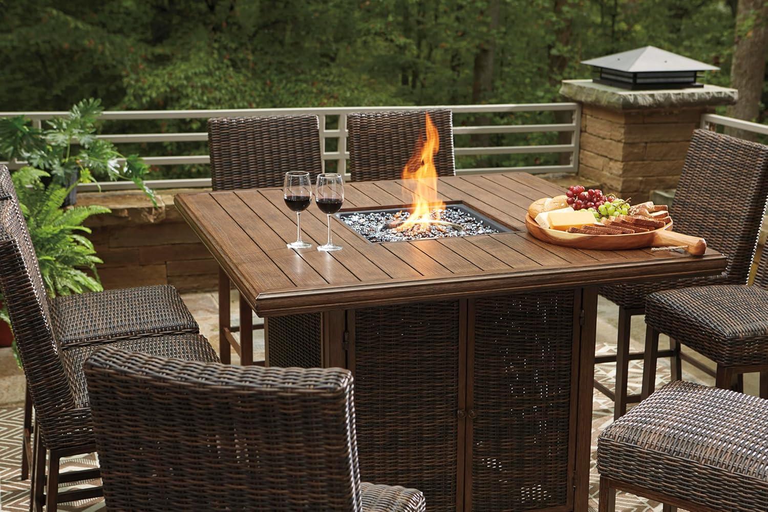 imageSignature Design by Ashley Walton Bridge Casual Outdoor Bar Table with Fire Pit and Storage Light BrownDark Brown