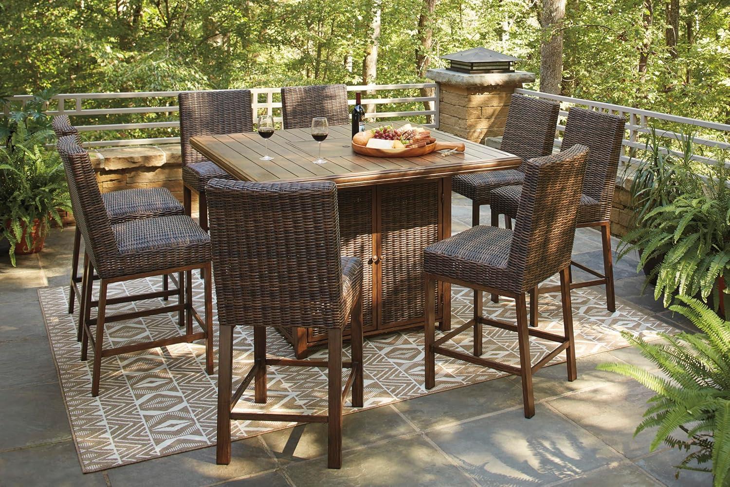 imageSignature Design by Ashley Walton Bridge Casual Outdoor Bar Table with Fire Pit and Storage Light BrownDark Brown