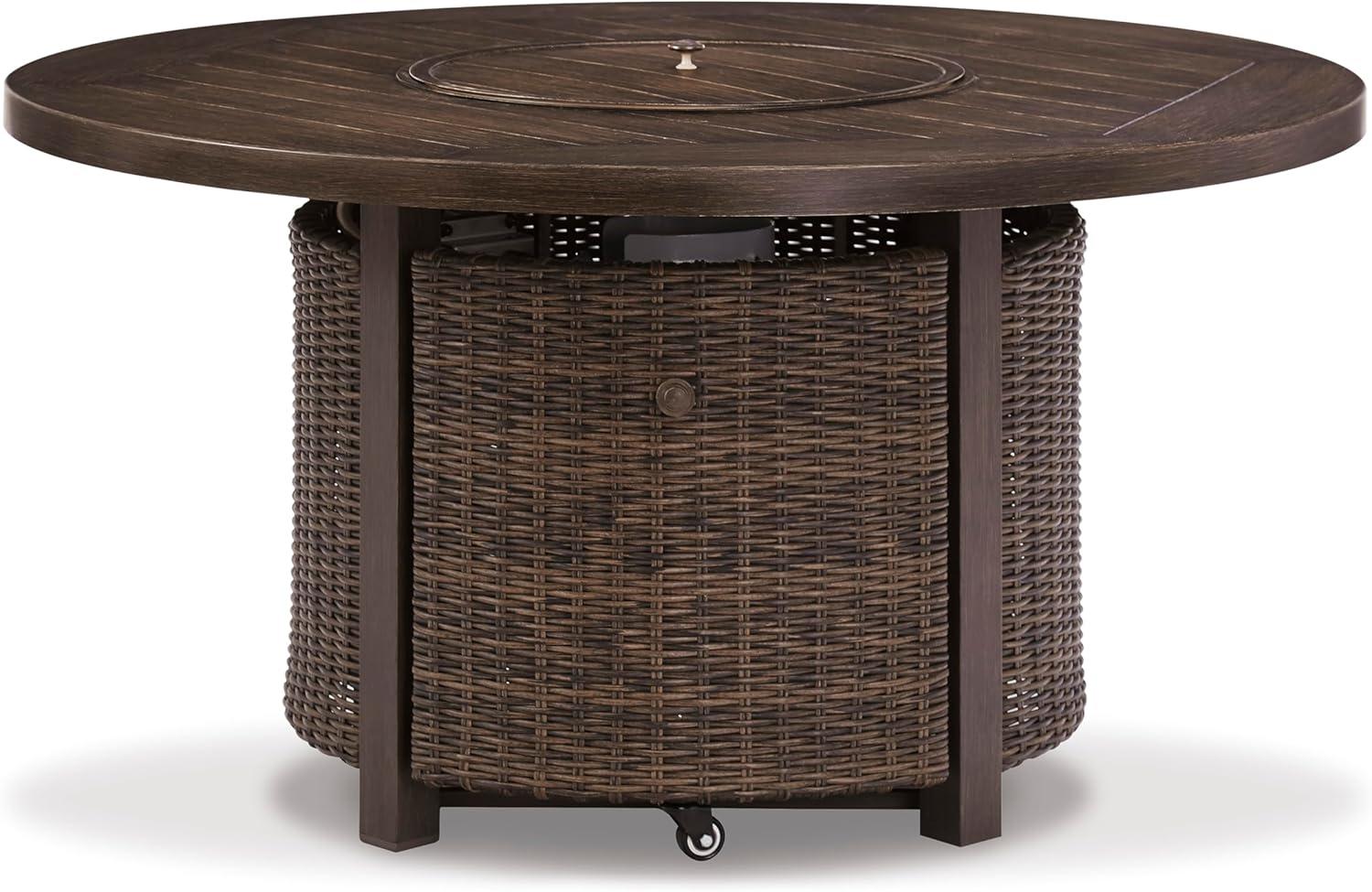 imageSignature Design by Ashley Walton Bridge Casual Outdoor Bar Table with Fire Pit and Storage Light BrownDark Brown