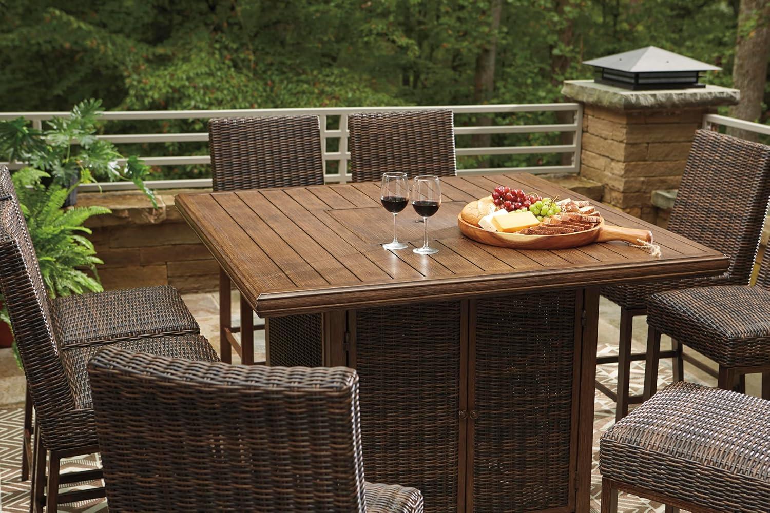imageSignature Design by Ashley Walton Bridge Casual Outdoor Bar Table with Fire Pit and Storage Light BrownDark Brown