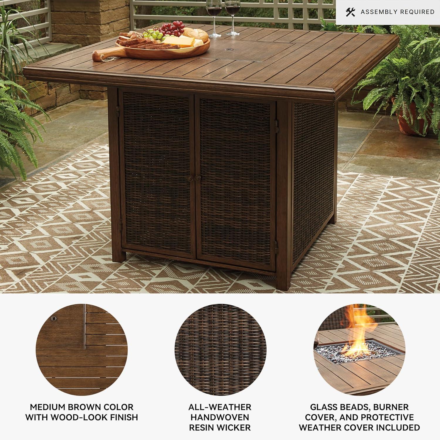 imageSignature Design by Ashley Walton Bridge Casual Outdoor Bar Table with Fire Pit and Storage Light BrownDark Brown