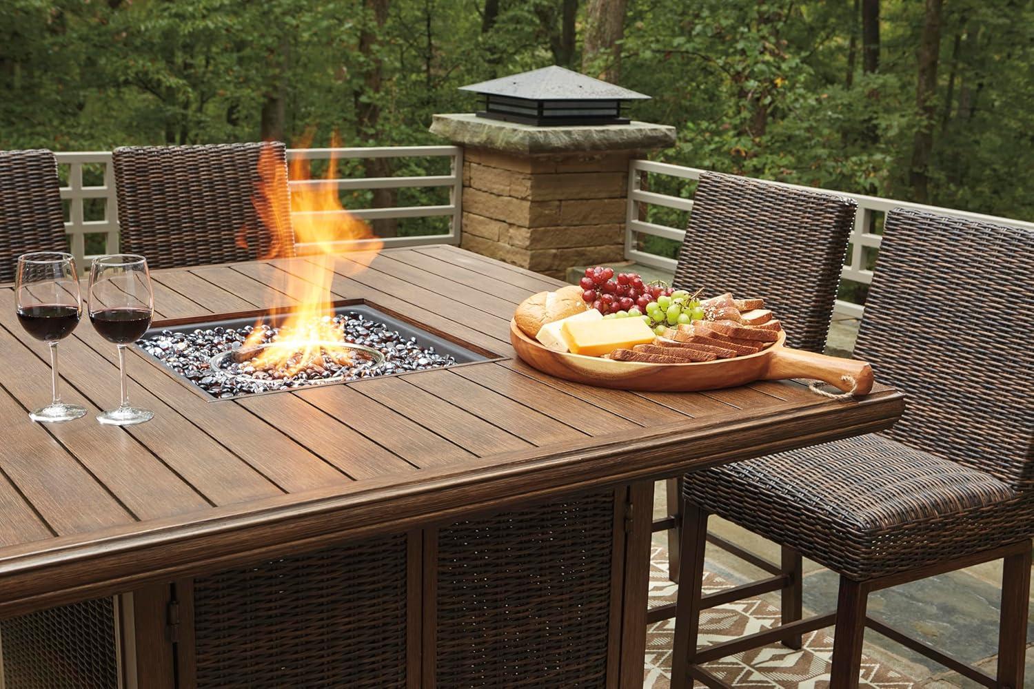 imageSignature Design by Ashley Walton Bridge Casual Outdoor Bar Table with Fire Pit and Storage Light BrownDark Brown
