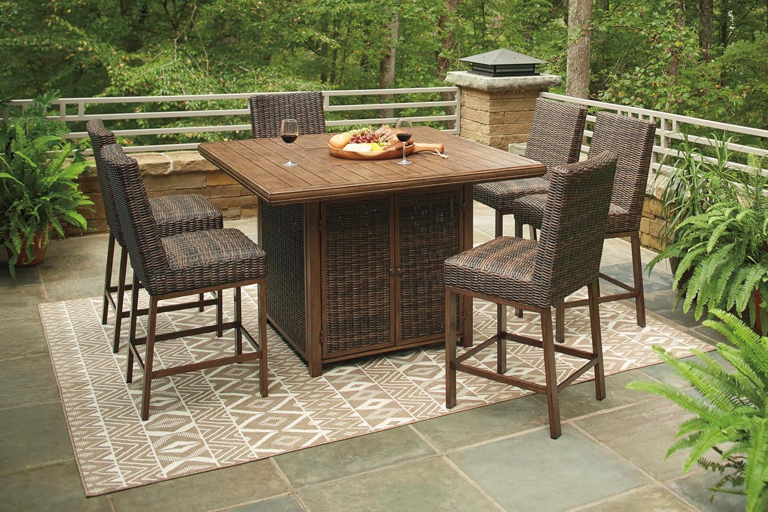imageSignature Design by Ashley Walton Bridge Casual Outdoor Bar Table with Fire Pit and Storage Light BrownDark Brown