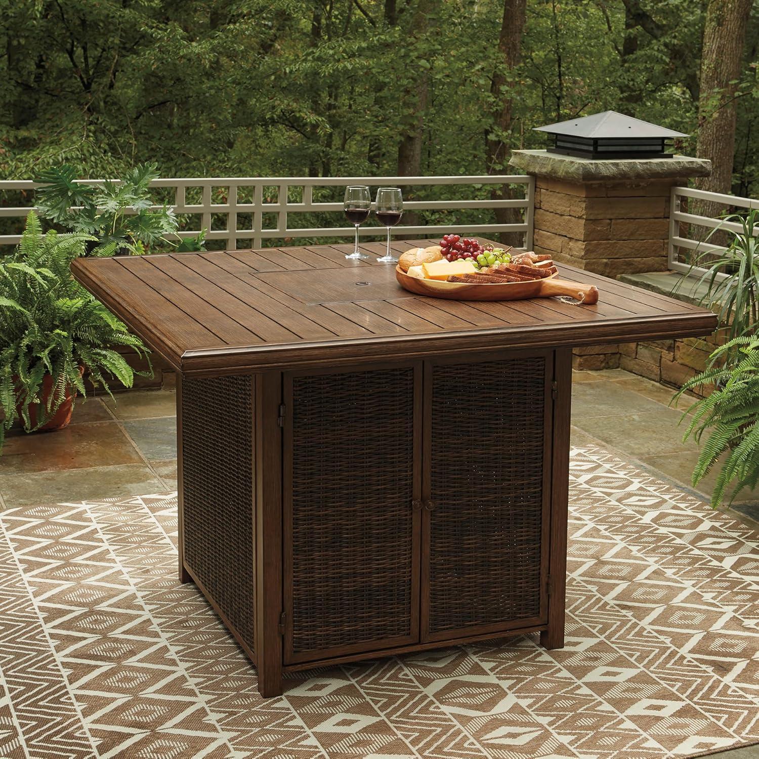 imageSignature Design by Ashley Walton Bridge Casual Outdoor Bar Table with Fire Pit and Storage Light BrownDark Brown