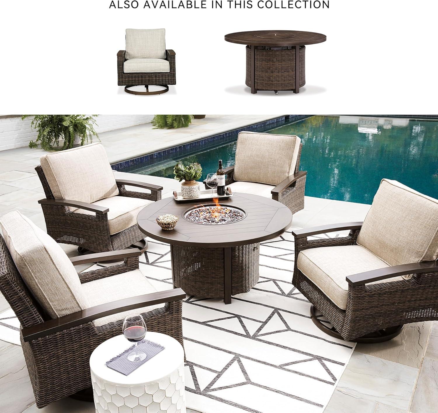 imageSignature Design by Ashley Walton Bridge Casual Outdoor Bar Table with Fire Pit and Storage Light BrownDark Brown