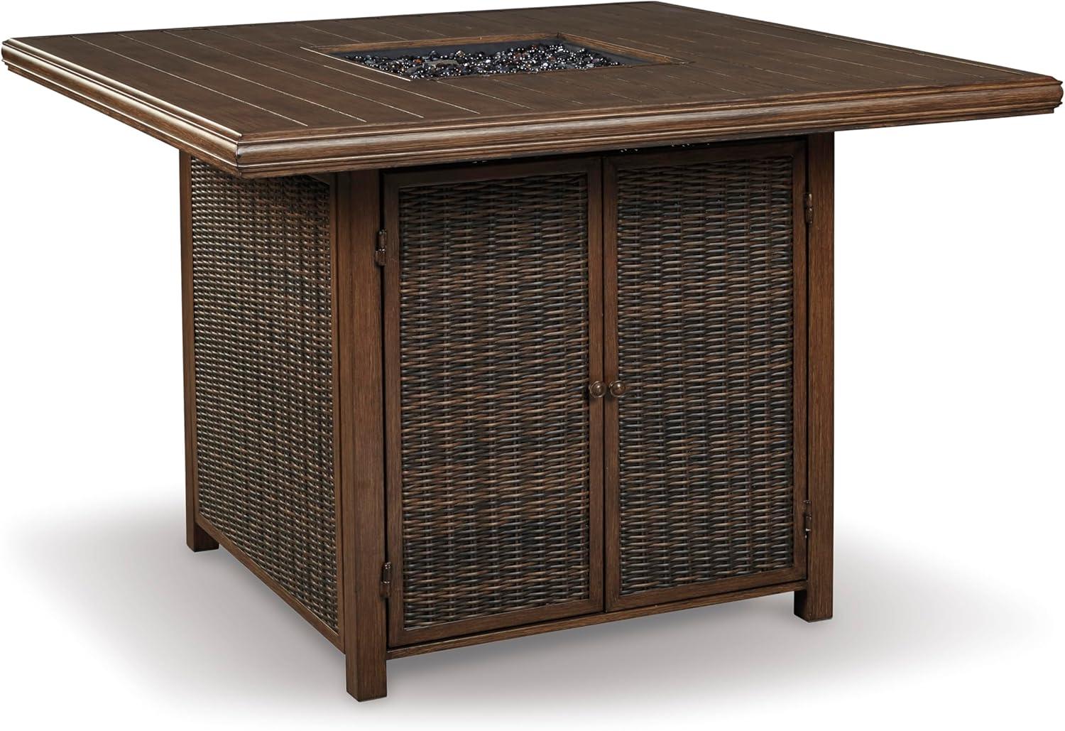 imageSignature Design by Ashley Walton Bridge Casual Outdoor Bar Table with Fire Pit and Storage Light BrownDark Brown